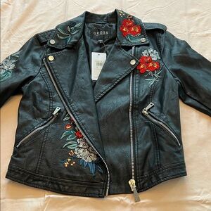 NWT Guess Black faux Leather Moto Jacket  Red and White Floral Embroidery XS